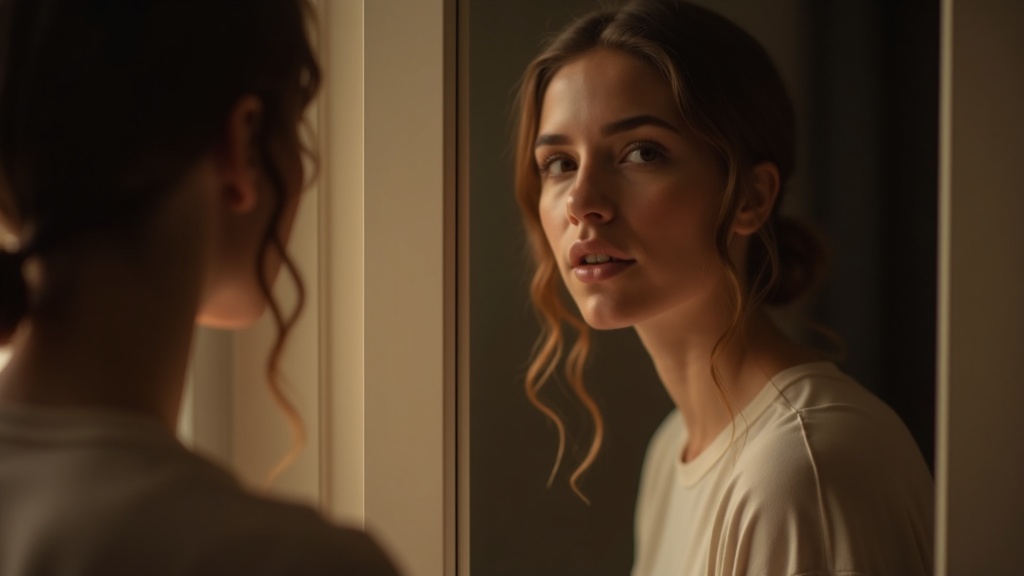 Person looking at their reflection with confidence, representing strabismus self esteem journey