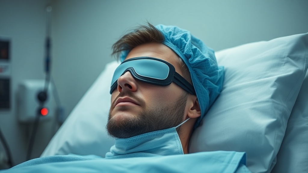 Person recovering from strabismus surgery with eye patch