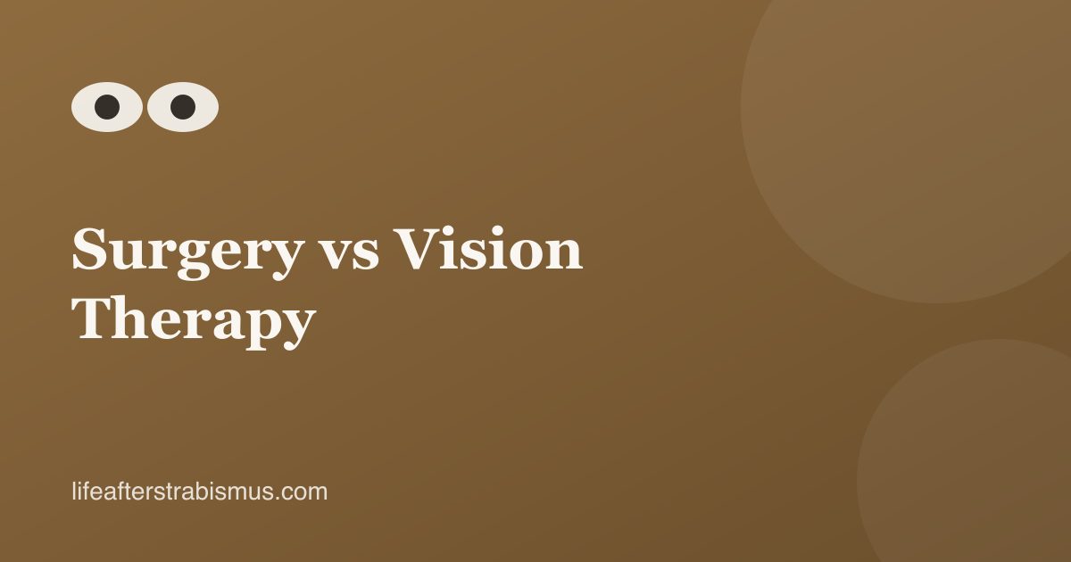 Split image showing a surgical eye clinic on one side and vision therapy exercises with a Brock string on the other